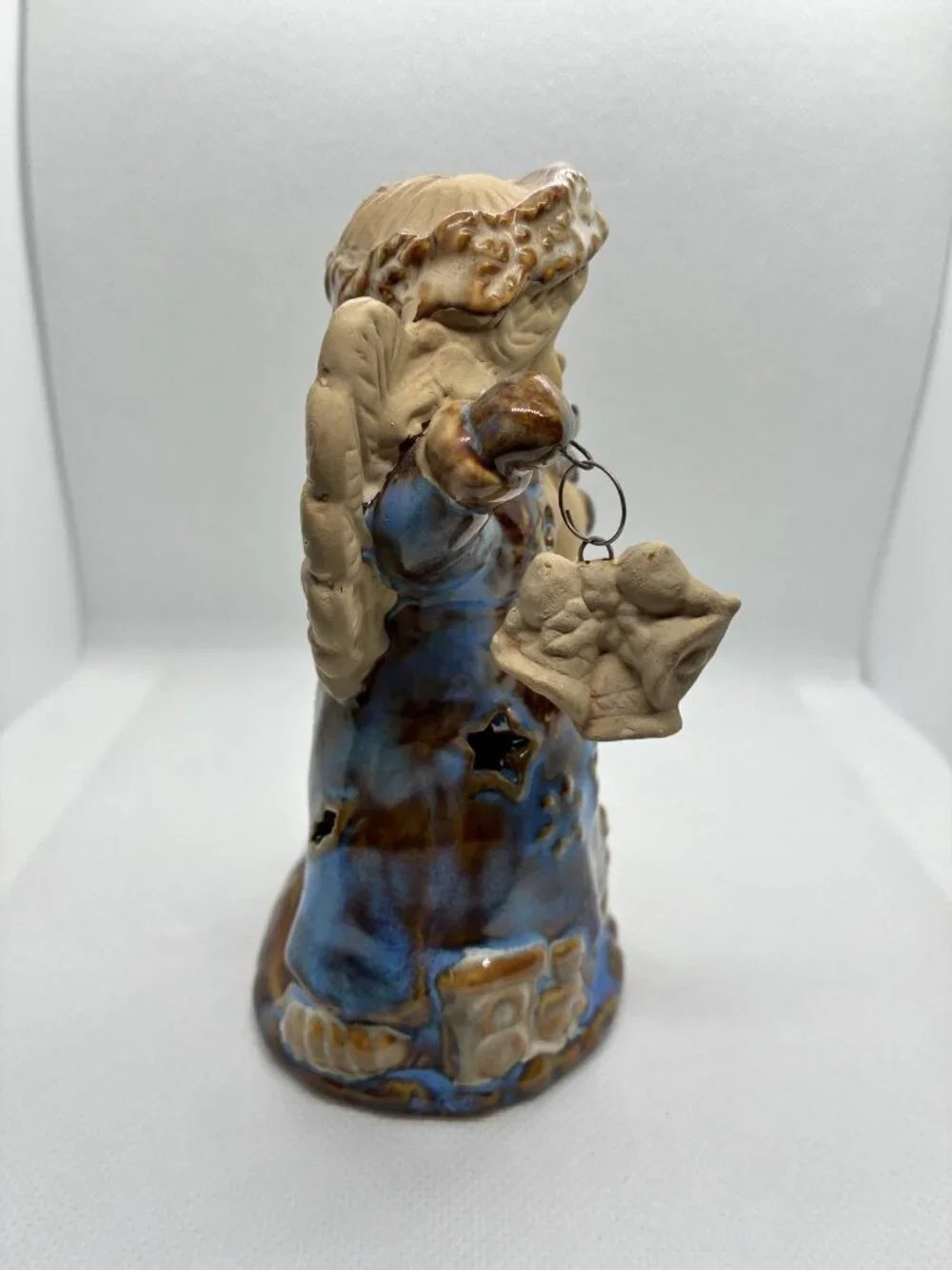 Ceramic Angel Candle Holder Figurine Christmas Decor Tea Light Warmer Blue Brown